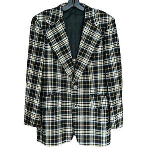 Hardy Amies of London Blazer Sport Coat. Plaid black/gray/gold/white. Sz 42R